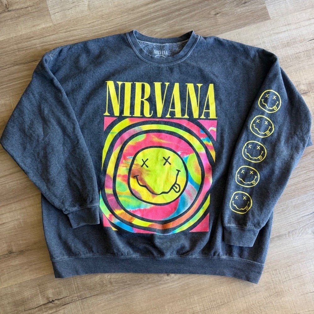 Nirvana Smiley‎ Face Graphic Sweatshirt Charcoal Gray Neon Tie Dye L/XL Crewneck